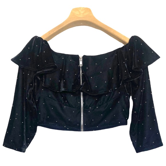 SZ 4•TOPSHOP•BLACK VELVET W GOLD FLECKS - LAYERED / FRILLY / SEXY CROP TOP• - Picture 3 of 4